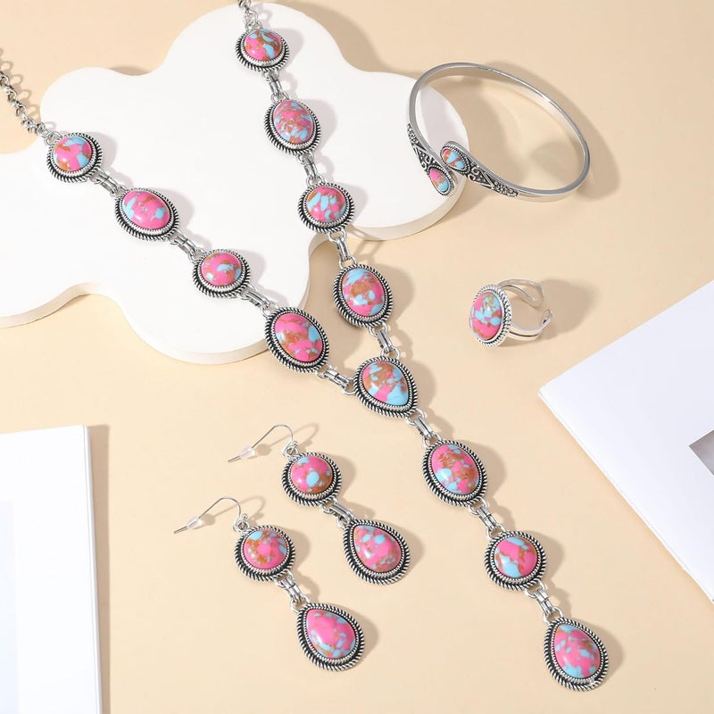 JMScape 4 PCS Western Turquoise Jewelry for Women Boho Vintage Navajo Pearl Necklace Earring Bracelet Ring Set Country Cowgirl Accessories for Gift - Image 3